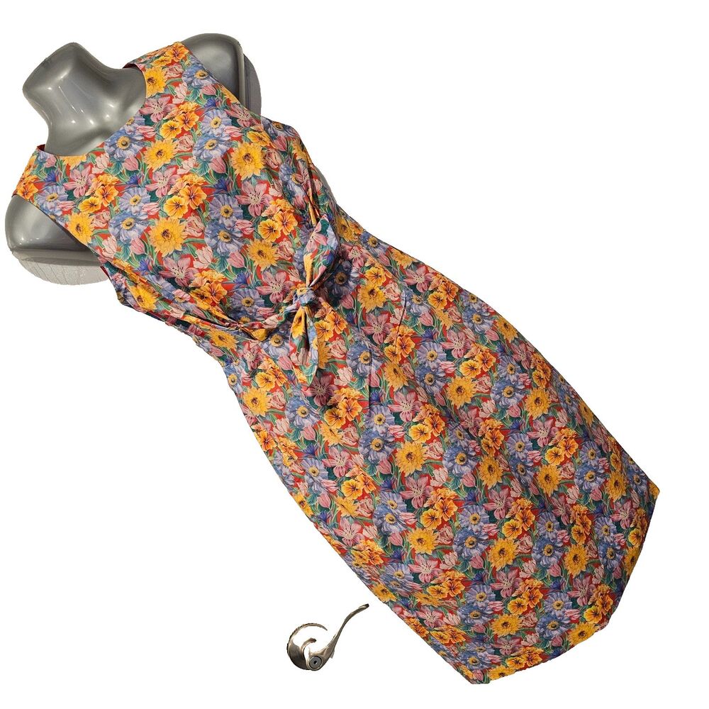ANTONIO MELANI floral sheath dress size 4 tie waist fitted midi sleeveless